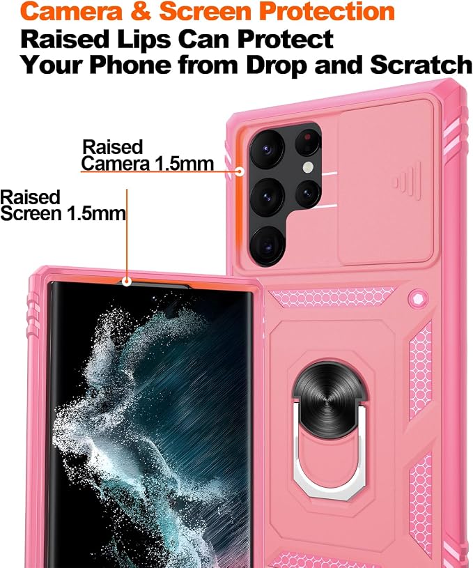 Gritup for Galaxy S22 Ultra Case Military-Grade Shockproof with Kickstand | with 2 PCS Screen Protector, Slide Camera Cover, Heavy Duty Outdoor Protection Funda para Samsung S22 Ultra Cover, Pink - Image 5