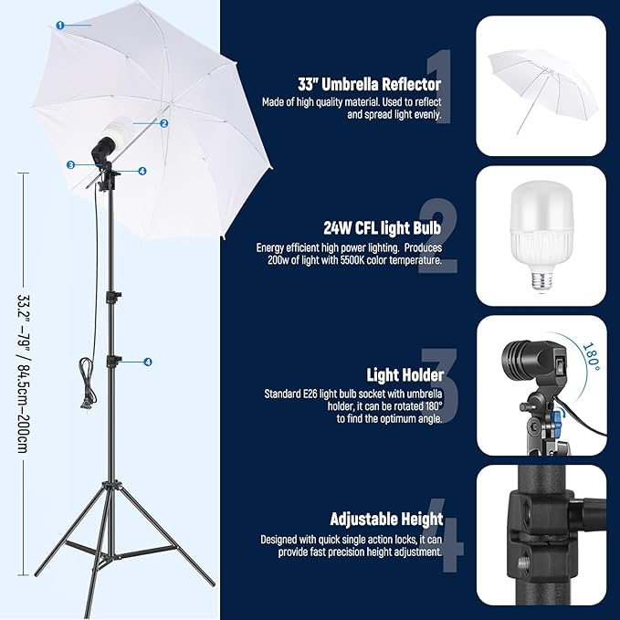 NEEWER Photography Lighting Kit with Backdrops,8.5x10ft Backdrop Stands,5700K 800W Equivalent 24W LED Umbrella Softbox Continuous Lighting,60cm Light Reflector, Photo Studio Equipment for Video Shoot - Image 5