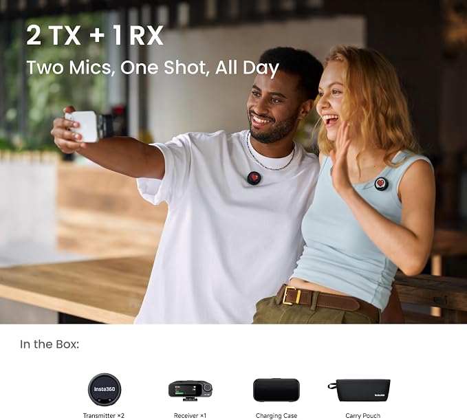 Insta360 Mic Pro (2 TX + 1 RX + Charging Case), Wireless Mini Lavalier Microphone for iPhone/Camera/Android, Video Recording, Vlogging, Bluetooth, Customizable E-Ink Display, 3-Mic Array, 30hrs Use - Image 10