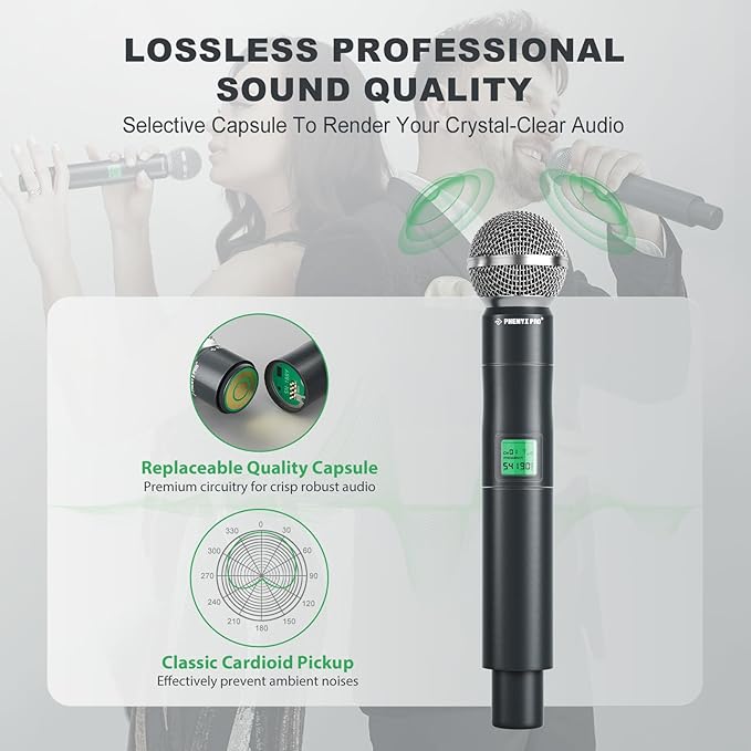 Phenyx Pro 4-Ch UHF Fixed Frequency Wireless Microphone PTU-5000-2H2B | 2 Handheld Mics, 2 Bodypacks, Headset/Lapel Mics, Metal Build, 260 ft Range, Church Services, DJ Sets - Image 2
