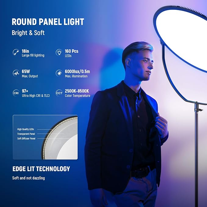 NEEWER 18" RGB LED Round Panel Video Light with APP Control, 65W 6000Lux/0.5m 2500K-8500K RGBCW Photography Studio Lighting /18 Scenes/V Battery Powered for Outdoor Filming Recording Streaming, GR18C - Image 2