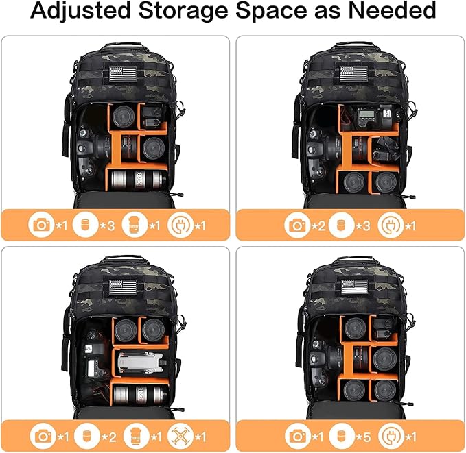 MOSISO Camera Backpack, DSLR/SLR/Mirrorless Photography Tactical Camera Bag | Camera Case with Tripod Holder & 15-16 inch Laptop Compartment & USA Flag Compatible with Canon/Nikon/Sony, Night Camouflage - Image 3
