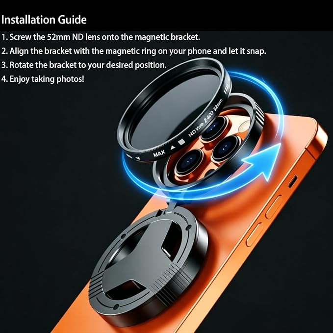 Magnetic 52mm Variable ND Filter for iPhone 17-13, ND2-400 Lens Filter | 52mm Neutral Density Lens, Adjustable Filter and Stand, Glass Optics, Quick Mount, Compatible with iPhone 17/16/15/14/13 - Image 3