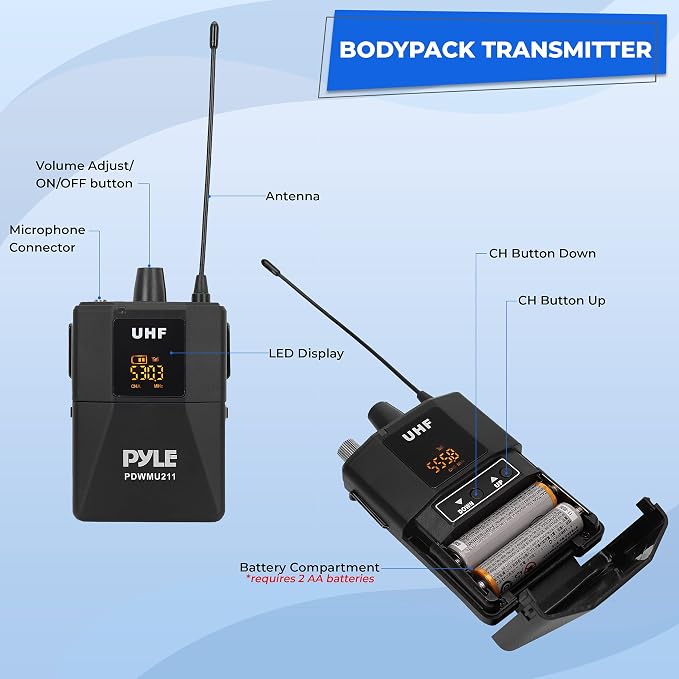 Pyle Dual UHF Microphone System - Portable Professional Cordless Microphone Set Wireless Mic Kit w/Headset / Lavalier Mic, Beltpack Transmitter, Receiver - Karaoke & Conference - Pyle PDWMU211,Black - Image 3