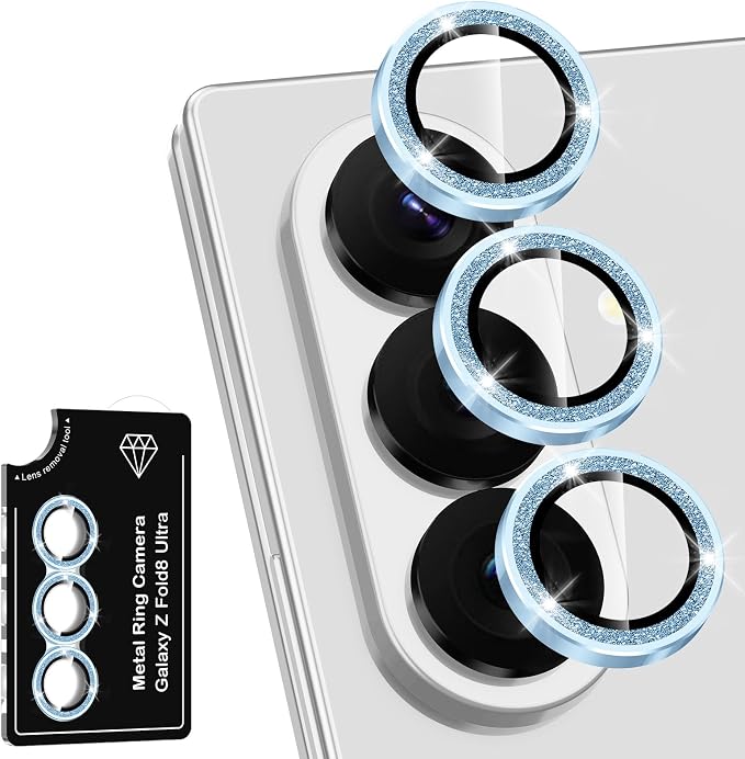 for Samsung Galaxy Z Fold 8 Ultra Camera Lens Protector, Individual Metal Ring Tempered Glass Lens Cover, [Strong Adsorption] Scratch Resistant Ultra-Thin HD Clear Lens Cover, 1 Set-Blue Sparkly by Btscase