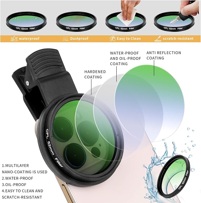 52MM CPL Filter for Phone, Clip-on Circular Polarizing Lens, HD Multi-Coated Optical Glass, Camera Lens Filter Kit Compatible with iPhone 16 15 14, Samsung, Google Pixel and Other Smart Phones - Image 3