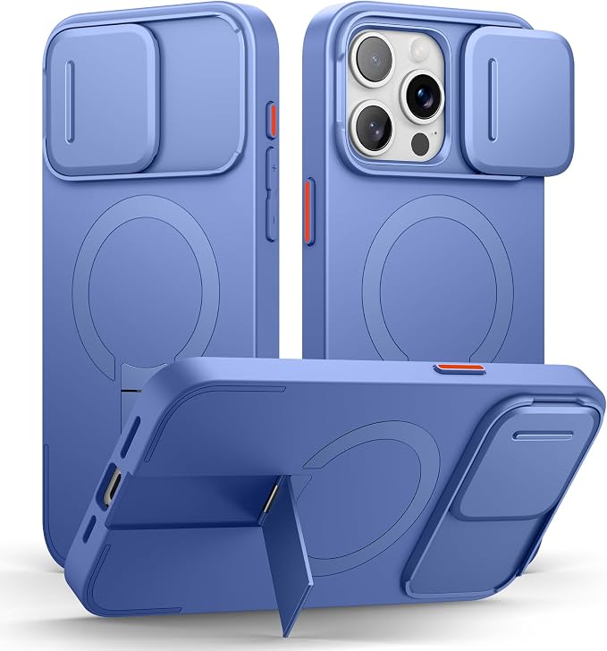 SURITCH for iPhone 15 Pro Max Case with Magnetic Camera Slide Cover and Adjustable Kickstand, Compatible with MagSafe, Shockproof Bumper Case Slim Protective Cover 6.7 Inch, Starlight Blue by SURITCH