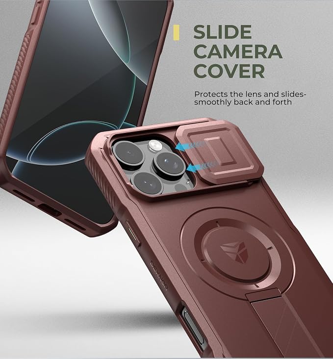Dexnor for iPhone 16 Pro Max Case with Slide Camera Cover & Adjustable Kickstand, Magnetic Rugged Shockproof Bumper Cases Heavy-Duty Magnetic Protective Cover,Maroon Red - Image 4