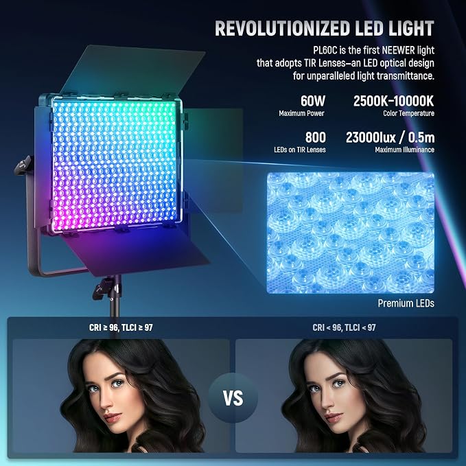 NEEWER 2 Pack PL60C RGB LED Panel Video Light Kit with 6.6ft/2m Spring Cushioned Tripod Stands/Bag, APP/2.4G/DMX Control, 60W 2500-10000K Pro Photography Studio Recording Streaming Key Lighting - Image 2