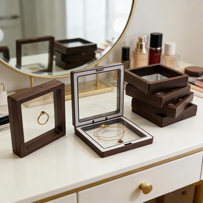 12 PCS Dual-Color Packaging Box 3D Floating Frame Display Stand, Color-Matching Packaging Display Box, Transparent Window Jewelry Case, PE Film Anti-Oxidation Storage Case. (Coffee color+white) - Image 4