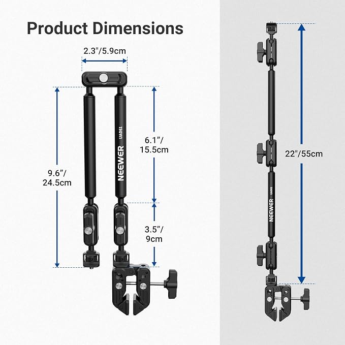 NEEWER Basics Magic Arm Table Stand, 55 cm Microphone Arm Overhead Mobile Phone Holder Desk with 1/4" 3/8" Threads for ARRI, for DSLR Action Cam Webcam Mic LED Light for Video Reinforcement, UA061 - Image 8