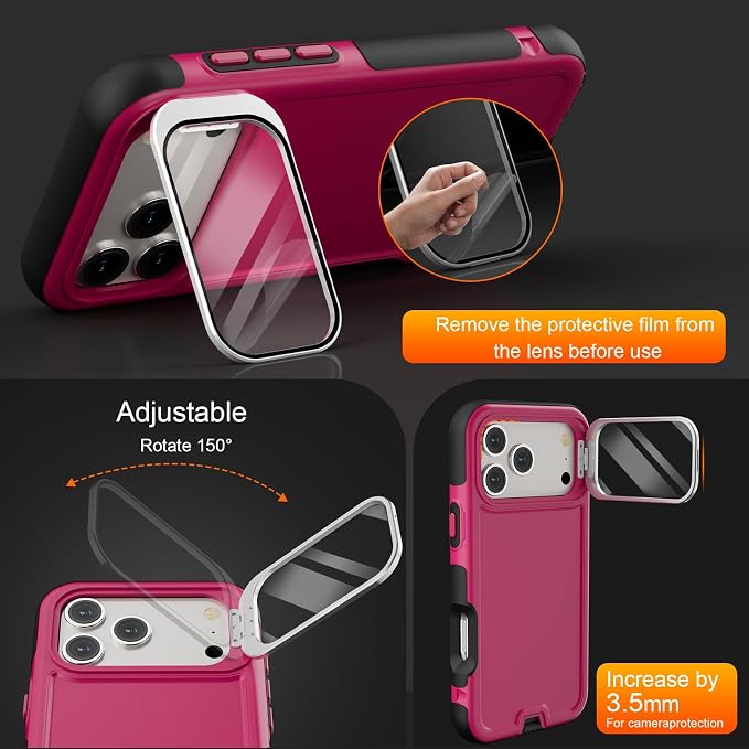 Follaroma Magnetic for iPhone 17 Pro Case with Camera Stand, Hot Pink，6.3" | Built-in Glass Camera Cover Stand,Compatible with MagSafe,Heavy Duty Shockproof Protective,Military-Grade Anti-DropDual Case - Image 2