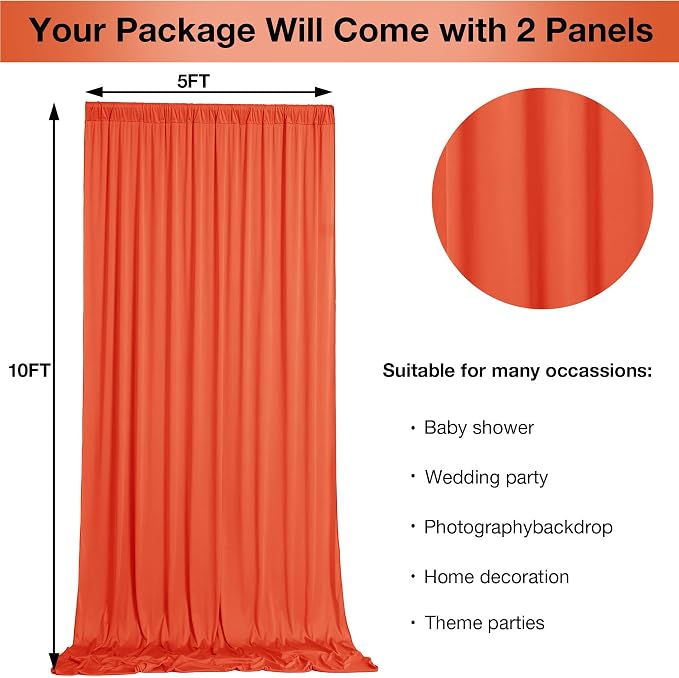 10ftx10ft Wrinkle Free Orange Backdrop Curtains for Parties, Silky Polyester Photo Backdrop Drapes 2 Panels 5x10ft Back Drop Cloth for Wedding Birthday Baby Shower Photography Background - Image 5