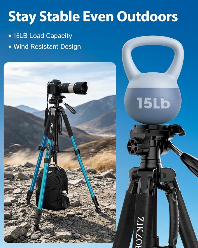 75" Heavy Duty Camera Tripod Stand - Max Load 15LB, Aluminum Travel Tripod for DSLR/Phone/Tablet/Projector, 3-Way Pan Head & Quick Release Plate, Compact Foldable Design (Blue) - Image 3