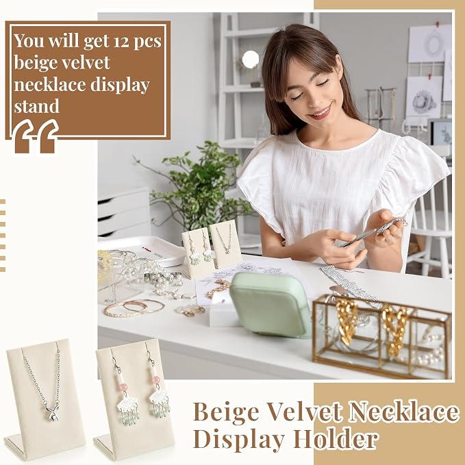RattanView 12 Pcs Earring Display Stand Necklace Holder, Beige, Velvet - Image 3