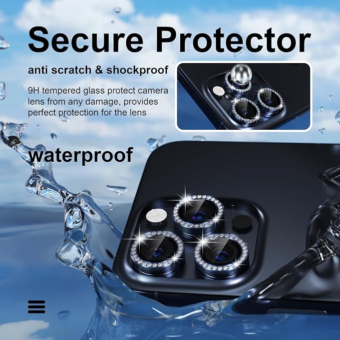 Misea Compatible for iPhone 15 Pro/iPhone 15 Pro Max Camera Lens Protector | 9H Tempered Glass Ultra HD Bling Camera Screen Protector Cover Metal Individual Ring Accessories, Deep Blue Diamond - Image 3