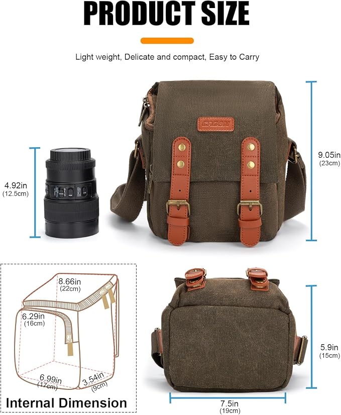 CADeN Compact Camera Bag Case Canvas Leather Trim Compatible for Nikon, Canon, Sony Mirrorless Camera and Lenses Waterproof, Camera Shoulder Messenger Bag (Small 1.0 Brown) - Image 6