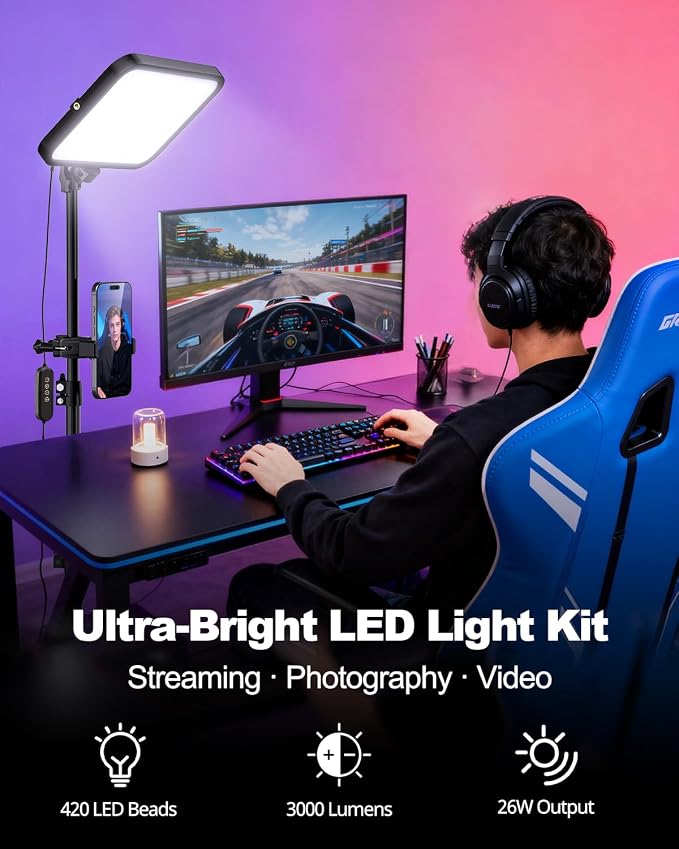 UBeesize 1-Pack LED Video Light Kit with Tripod Stand & Phone Holder | Ultra-Bright 3000-Lumen Dimmable Studio Lights for Live Streaming, Video Recording, Makeup, Gaming, YouTube and Photography - Image 2