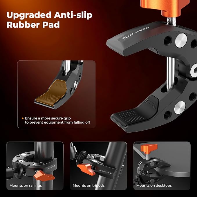 K&F CONCEPT 2 Pack Camera Mount Clamp, Super Crab Clamp with 1/4" Thread Holes for Round Pipe Flat Surface, Monitors, LED Lights, and Other Photographic Accessories - Image 5