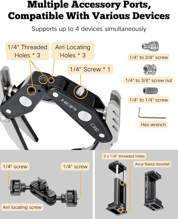 HEIPI C100 Super Clamp & MA175 Magic Arm & Phone Clip, Max Clamping 3.93" | Clamp & stand design. Max clamping 3.93" / 10cm. Dual screw mounts: 1/4"-20 & 3/8"-16. Compatible with phone - Image 7