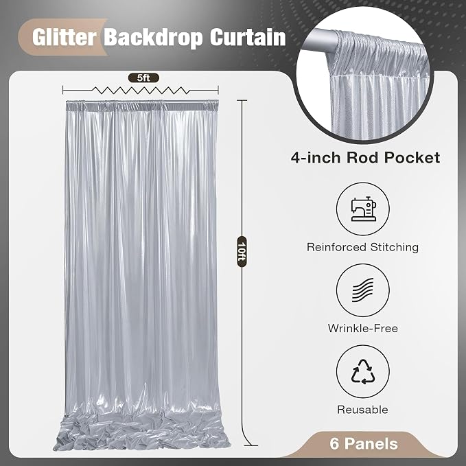 30x10FT Silver Sequin Backdrop Curtain for Party - 6 Panels 5x10FT Wrinkle-Free Shimmer Drapes for Birthday, Wedding, Christmas, Decorations & Photography - Image 2