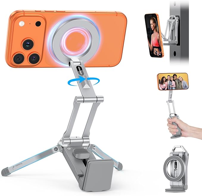 OMOTON TP02 360°Rotating Adjustable Aluminum for MagSafe Tripod, Silver | Magnetic Phone Tripod for iPhone 17/16/15 Pro Max Air, Foldable Cell Phone Stand Fits Vlog, Gym Travel Essentials Accessories by OMOTON