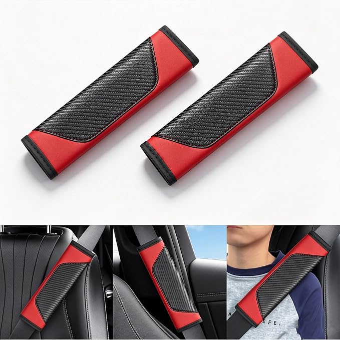 Carbon Fiber PU Leather Seat Belt Covers - 2Pcs, Black and Red Sporty Seat Belt Pads, Universal Fit for Car Truck SUV - Image 4