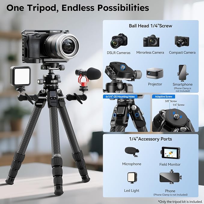 SIRUI AM-224S+G0 Carbon Fiber Mini Tripod, G0 Low Profile Ball Head | 31.5" Height, Lightweight, Metal Spikes, Tabletop, Macro Photography, Travel, Vlogging, DSLR, Mirrorless Camera - Image 7
