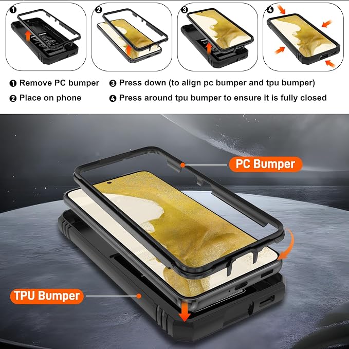 Gritup for Samsung Galaxy S22 Case with Screen Protector*2, Galaxy S22 Case Build in 360° Rotating Ring Kickstand, Military Grade Protective Case for Galaxy S22 Phone, Black - Image 4