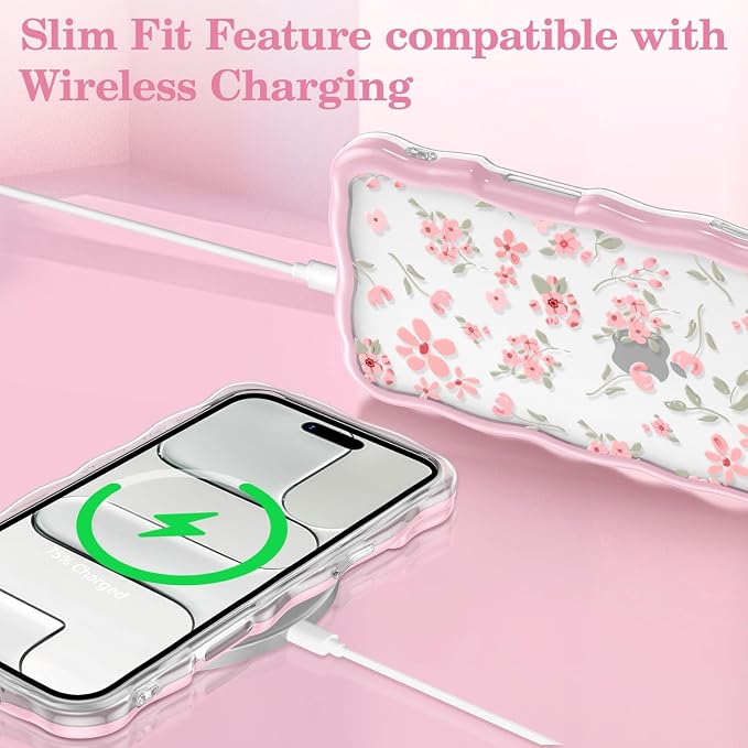 QLTYPRI for iPhone Air Pink Flower Case, Clear Cute Pink Floral Flower Phone Case Curly Wavy Aesthetic Phone Cover, Soft Slim Transparent TPU Shockproof Protective Cover for Women Girls - Pink - Image 5