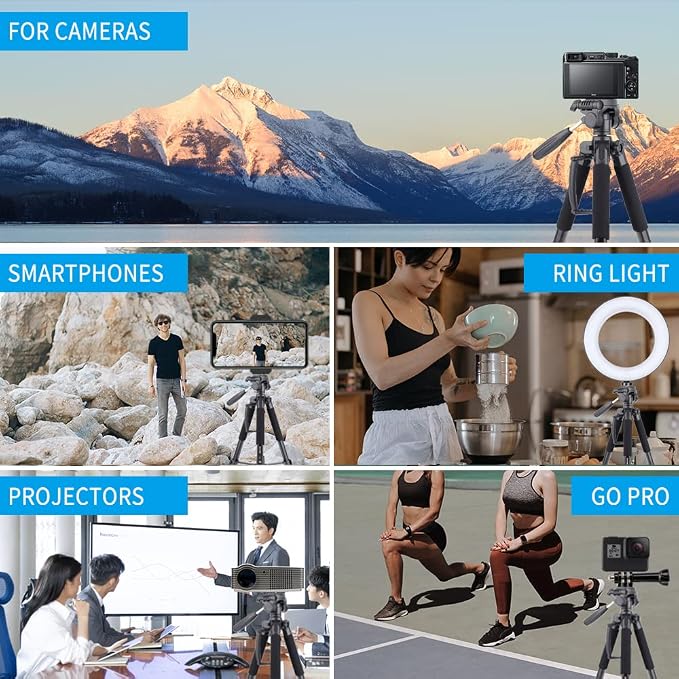 74’’ Camera Tripod,Heavy Duty Camera Stand Tripod,Cell Phone Tripod with Phone Holder, Professional Travel DSLR Tripods Compatible with DSLR Cameras,Cell Phones,Projector,Webcam(Black) - Image 7