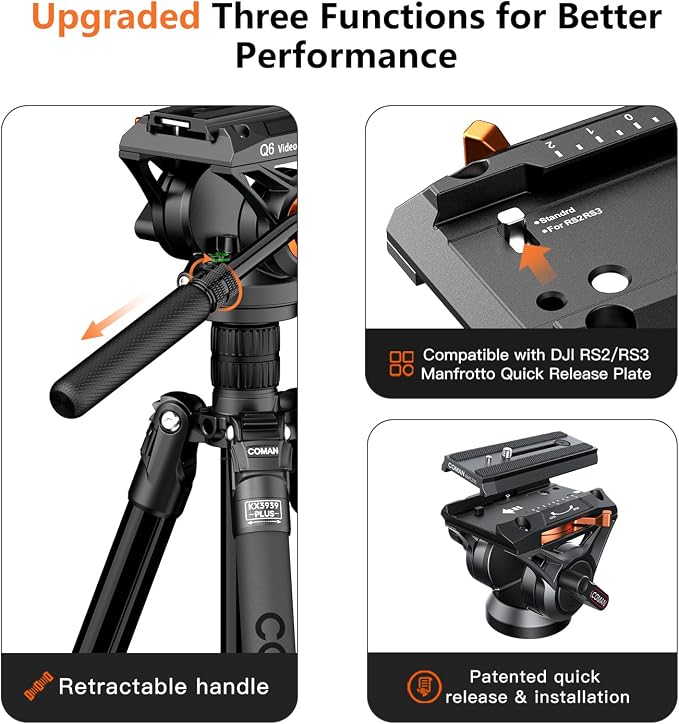 Fluid Head Tripod for DSLR Camcorder,Camera Monopod Tripod 360° Pan&+90°/-70° Tilt,New Q6 Fluid Head Aluminum Alloy QR Plate Compatible with DJI RS Gimbal Manfrotto Max Load 17.6lb (KX3939Plus - Image 2