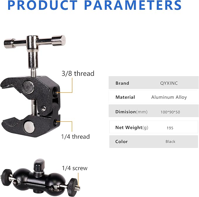 Cool Dual Ball head Magic Arm Adapter Camera Clamp Mount Super Clamp with 1/4 and 3/8 Thread, for DSLR Camera Rig, LED Light, Flash Light, Action Cam, 2Pack - Image 7