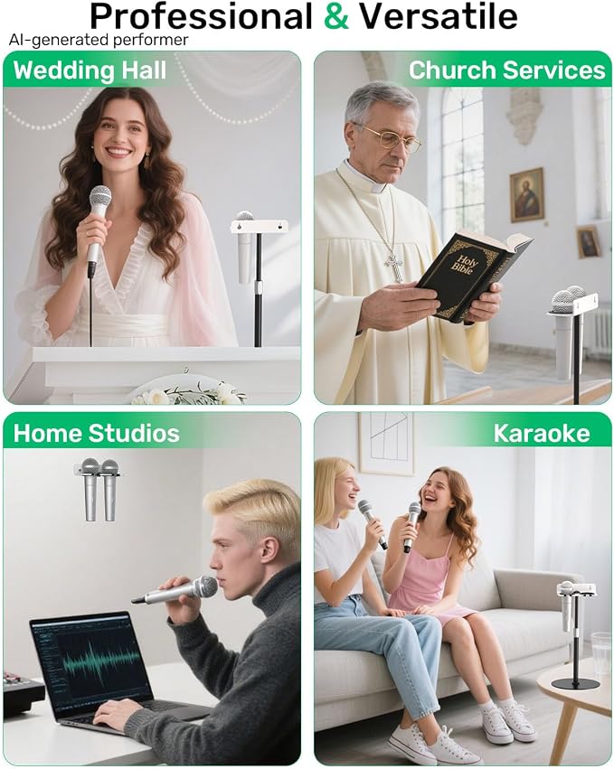 White 2-Slot Multi Mic Holder for Handheld Wired/Wireless, Wall/Stand Mount | Wall Mounted Organizer, Fits 5/8 & 3/8 Mic Stand, Holds 2 Wired/Wireless Mics for Church/Stage/Studio, Rubber Pad Protection - Image 8