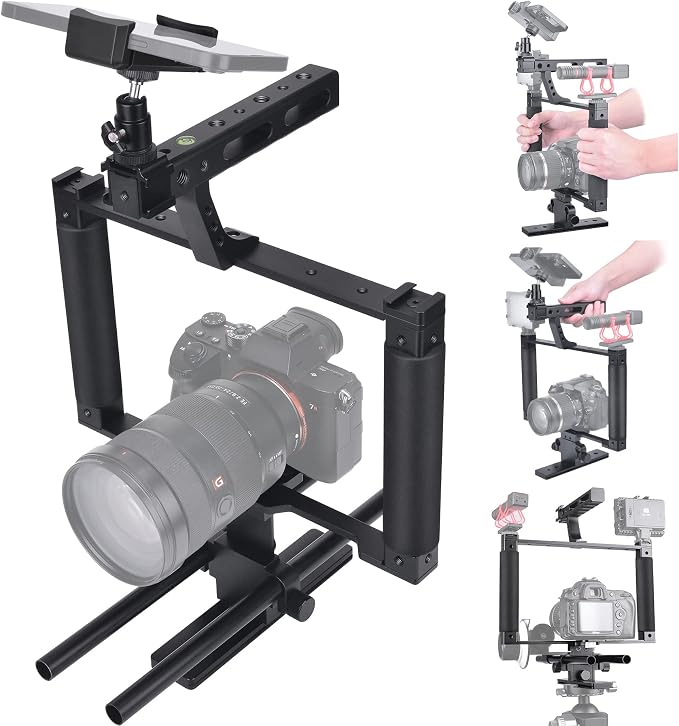 Universal Aluminum Alloy DSLR Mirrorless Camera Camcorder Stabilizer Extension Cage Mount for Mic Monitor Light, Movie Making Rig YouTube Tiktok Vlogging Video Kit w/Phone Holder for Canon Sony Nikon by Fantaseal