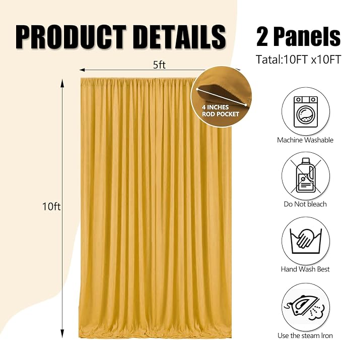 10ft x 10ft Gold Backdrop Curtains for Parties, Polyester Fabric Backdrop Drapes with Rod Pockets for Weddings, Birthday, Halloween, Photography, Christmas Party Background Curtain, 2 Panels - Image 2