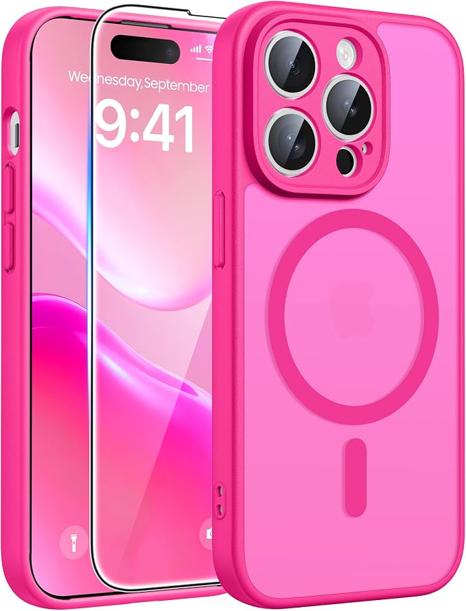 FNTCASE for iPhone 14 Pro Case, Compatible with Magsafe, Screen Protector | Full Camera Protection, Translucent Matte, 14FT Military Grade Drop Proof, Shockproof Protective Phone Cover, Hot Pink by FNTCASE