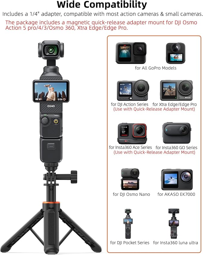 14" Osmo-Action Selfie-Stick Tripod for DJI Action 5/4/3, Portable Handle Grip w Magnetic Quick-Release Adapter Mount, Mini Extension Rod/Desktop Stand/Accessories for Travel Vlogging Video Shooting - Image 7
