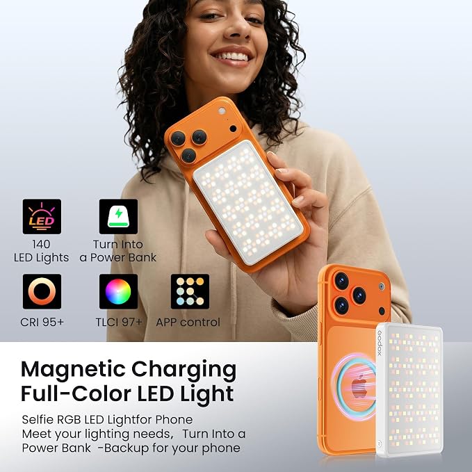 Selfie Phone Light with Magnetic,140 LED 1800K-10000K 4900mAh + Power Bank RGB Video Light CRI 96+ Professional Portable Lighting for Camera, TikTok, Vlog, Makeup, Zoom,Selfie - Image 2