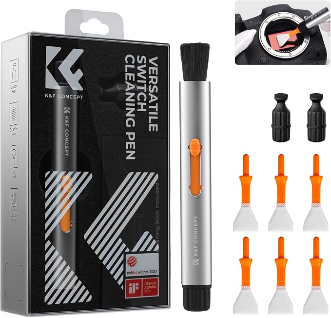 K&F CONCEPT Versatile Switch Lens Cleaning Pen for Phone Tablet AR Glasses | 16mm Half-Frame Swab X6,Suede Carbon Head X2,Soft Brush,Aluminum Alloy Pen Body,Individually Packed,Portable and Hygienic by KFCONCEPT