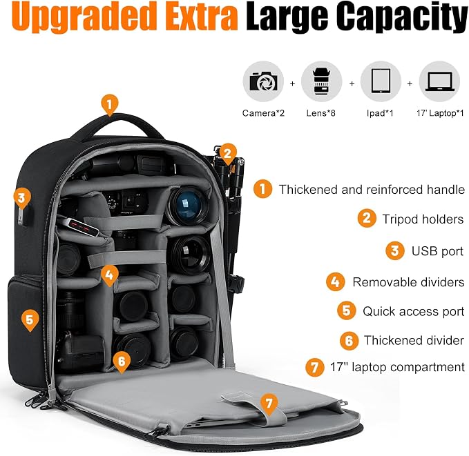 CADeN Camera Backpack, Extra Large DSLR Camera Bag with 17" Laptop Compartment, Waterproof Rain Cover, Professional Travel Hiking Camera Backpack Bag - Image 2