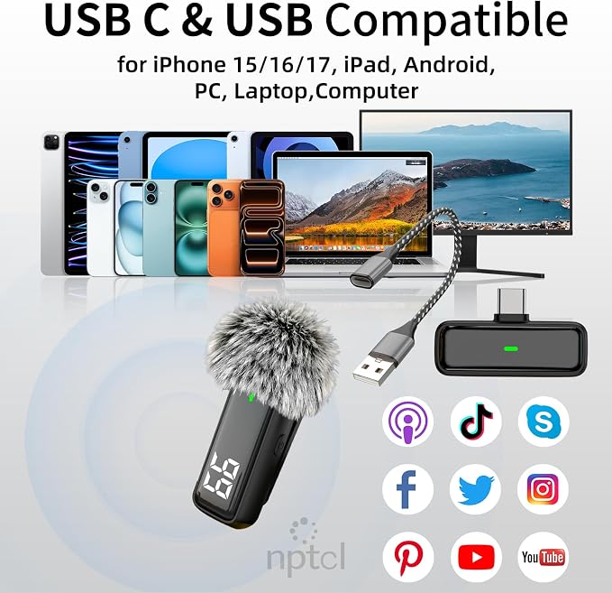 NPTCL Wireless USB Type C Microphone for iPhone 17/15/16 PC Laptop Computer | Noise Canceling, Digital Battery Indicator Light, 12 Hour Charging Case for Content Creator Vlog Video Recording, 1 Pack - Image 5