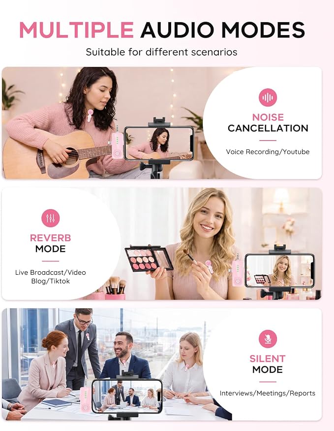 4 Packs Wireless Lavalier Microphone for iPhone Android Camera | Mini Clip-On Mic with Noise Reduction for 4-Person Video Recording, Interviews, Podcasts, YouTube, TikTok & Vlogging (Pink) - Image 6