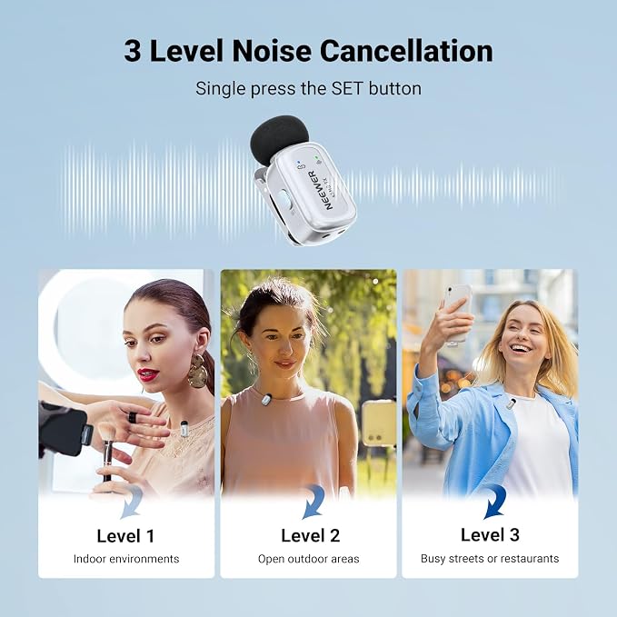 NEEWER KM19 Wireless Lapel Microphone Compatible with iPhone 17 16, Silver | Compatible with iPhone Android & PC, Mini Lav Mic, App Control, 3 Level Noise Cancelling, 30H Battery, 100m, Video Recording - Image 4