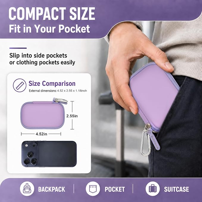 PAIYULE Hard Case for SanDisk Extreme Portable SSD & PRO,SD Card Pocket | Fits 250GB, 500GB, 1TB, 2TB and 4TB SSDs, with SD Card Pocket,Elastic Strap,Mesh Pocket and Carabiner, Case Only Purple - Image 8