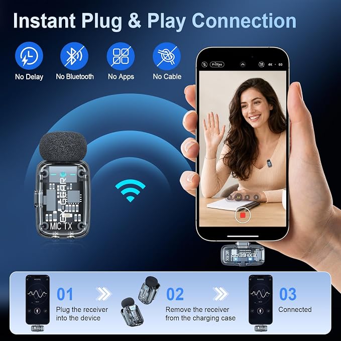 Wireless Lavalier Microphone 3-Level Noise Cancellation for iPhone | Ultralight(5g), Clear Voice, 50M Range, Plug-Play Mini Lav Mic for Android PC, TikTok, YouTube, Video Recording, Black - Image 8