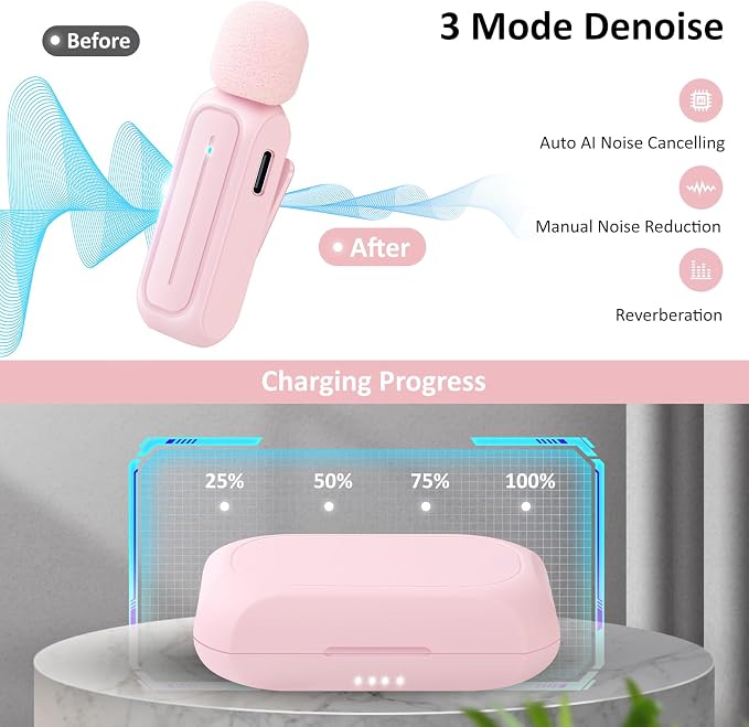 Ecomxia 2 Pack Wireless Lavalier Microphone for iPhone iPad Android with Charging Case - 7H Clip on Lapel Microphone Wireless for Video Recording Vlogging, YouTube, Interview, 3 Mode Denoise (Pink) - Image 3