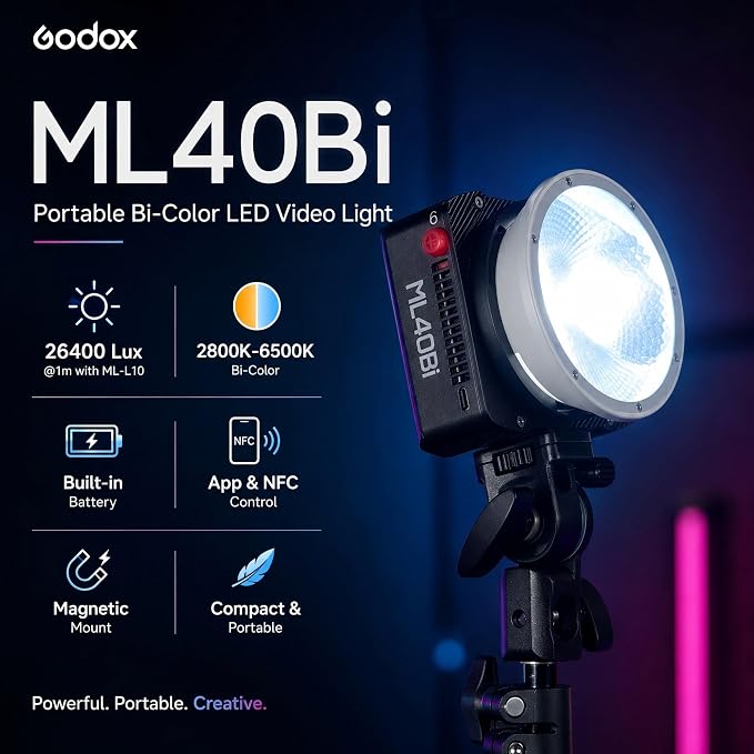 Godox ML40Bi Bi-Color LED Video Light, Portable COB Photography Light with Built-in Battery, 2800K-6500K, 28,000 Lux with ML-L10 Reflector, CRI/TLCI 96, 11 FX Effects, USB-C Charging, App/NFC Control - Image 2
