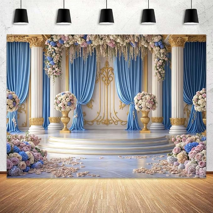 8X6ft Luxurious Blue and White Floral Backdrop for Photography Castle Palace Wedding Party Decortion Elegant Flowers Backdrop Wedding Birthday Party Decorations Bridal Shower Backdrops Studio Props - Image 3