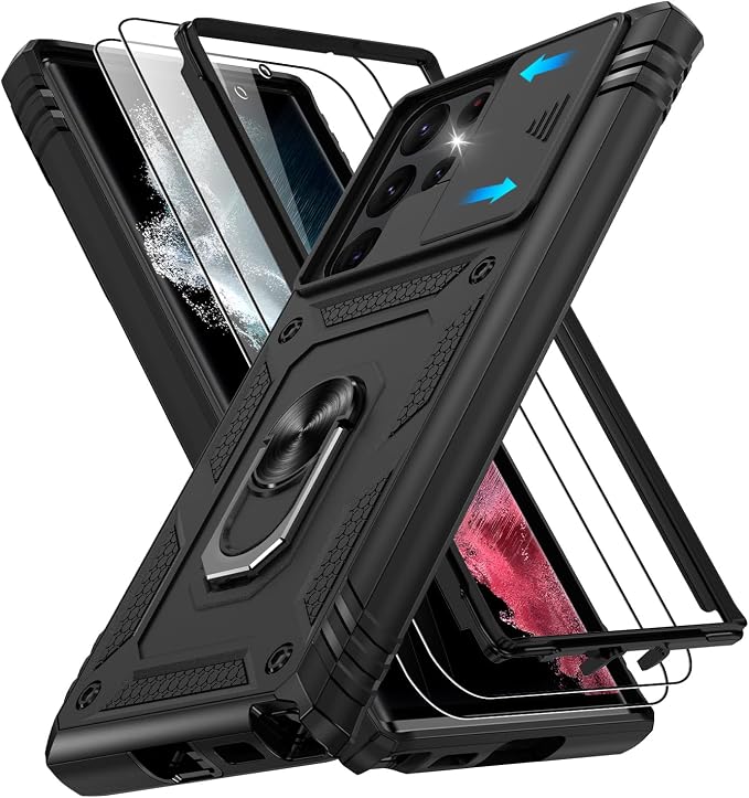Gritup for Galaxy S22 Ultra Case Military-Grade Shockproof with Kickstand | with 2 PCS Screen Protector, Slide Camera Cover, Heavy Duty Outdoor Protection Funda para Samsung S22 Ultra Cover, Black by Gritup
